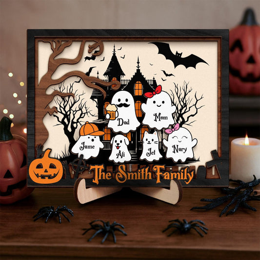 Netecom Personalized Halloween Ghost Family Wooden Frame Our Boo Crew Custom Name Sign Cute Spooky Home Decor Halloween Family Wall Art