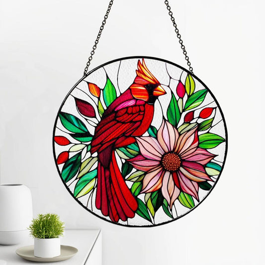 Netecom Red Cardinal Glass Suncatcher – Window Hanging Memorial Gift for Bird Lovers, Mom & Grandma Gift, Holiday Glass Art Decor