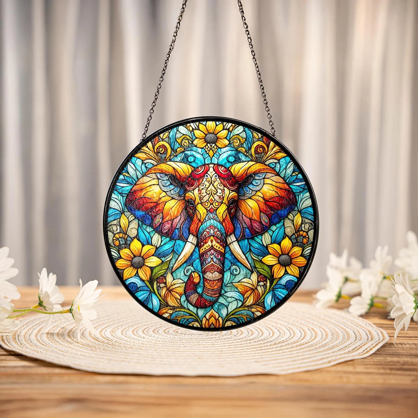 Netecom Elephant Stained Glass Suncatcher – Window Hanging Decor, Elephant Ornament Gift for Elephant Lovers, Nature and Animal Decor for Mom