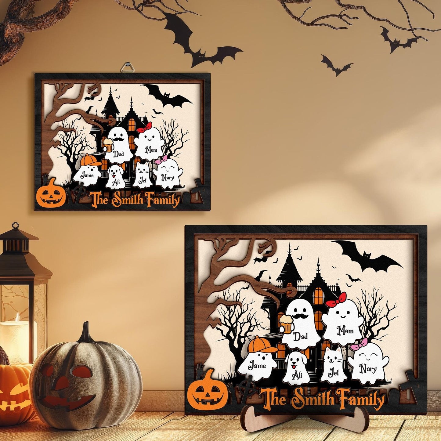 Netecom Personalized Halloween Ghost Family Wooden Frame Our Boo Crew Custom Name Sign Cute Spooky Home Decor Halloween Family Wall Art