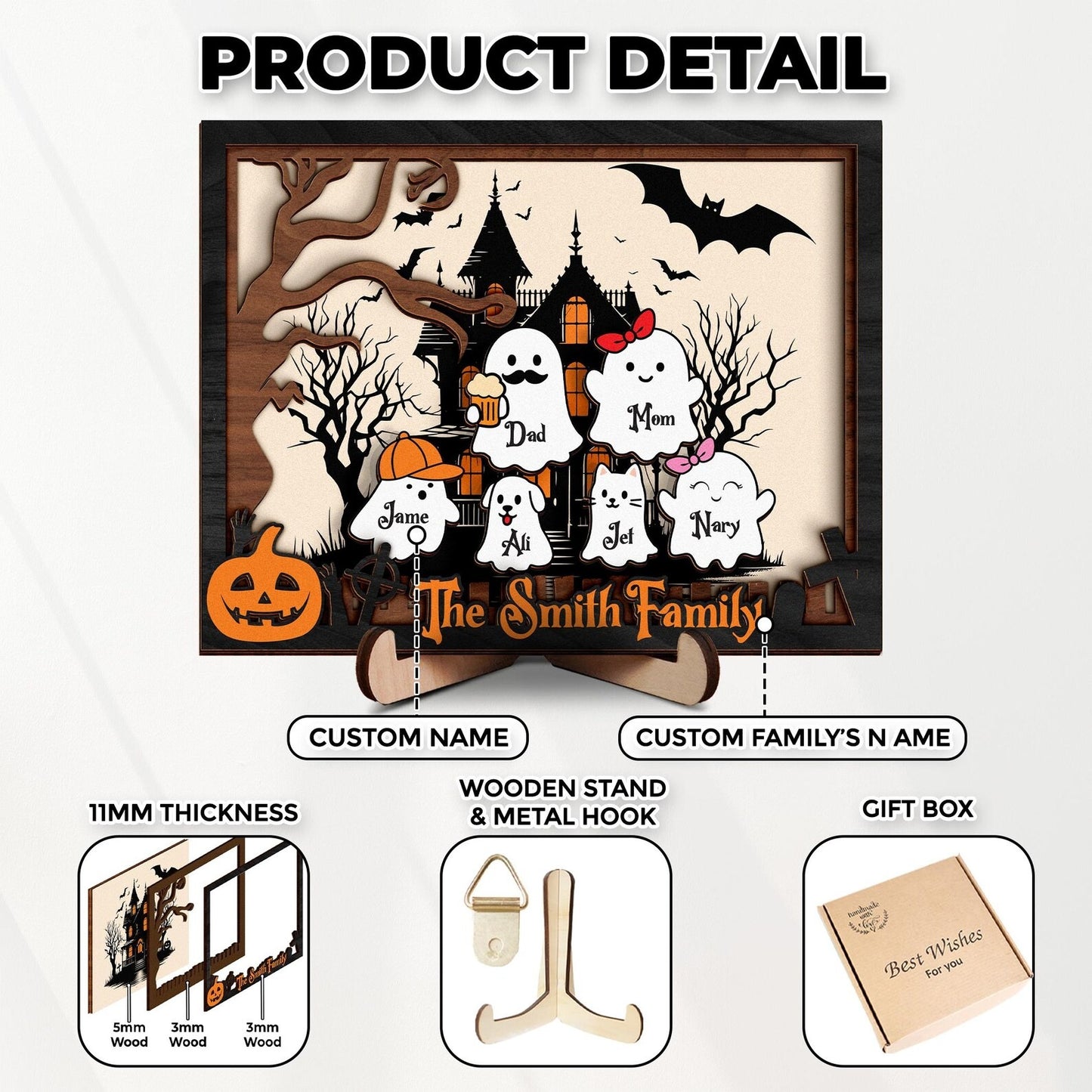 Netecom Personalized Halloween Ghost Family Wooden Frame Our Boo Crew Custom Name Sign Cute Spooky Home Decor Halloween Family Wall Art