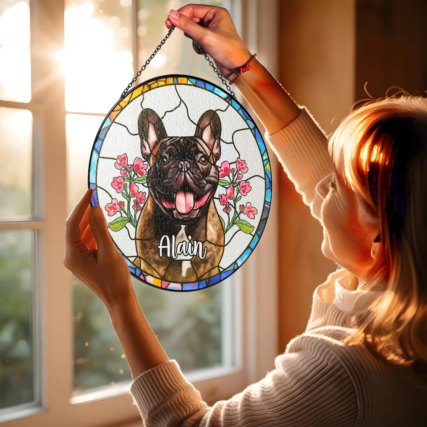Netecom Personalized Dog Portrait Stained Glass Suncatcher – Custom Pet Memorial, Dog Loss Sympathy Gift, Rainbow Bridge Keepsake, Pet Lover Window Hanging