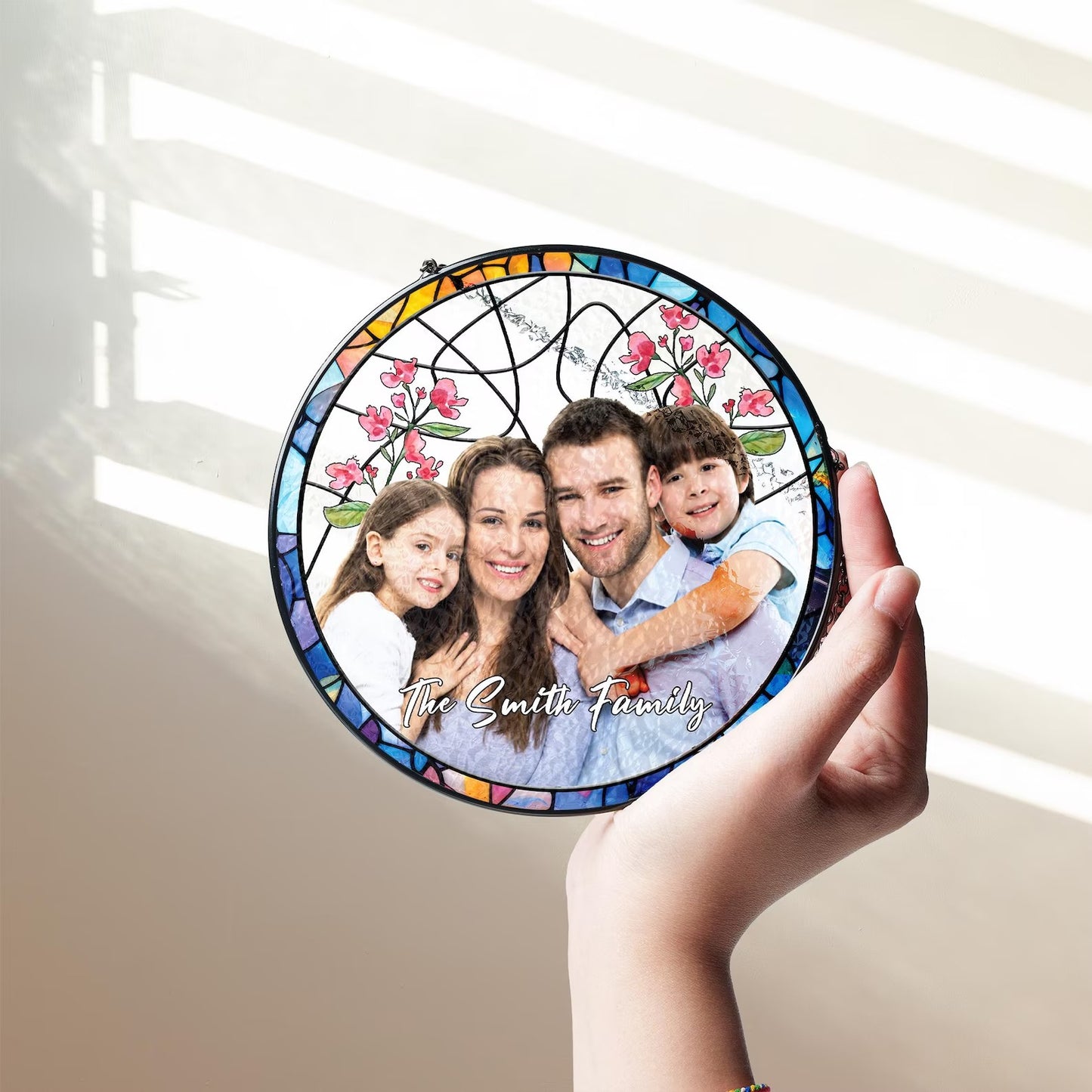 Netecom Personalized Family Photo Stained Glass Suncatcher – Custom Family Portrait Window Hanging, Gift for Mom Dad Grandma Couple Wedding Christmas