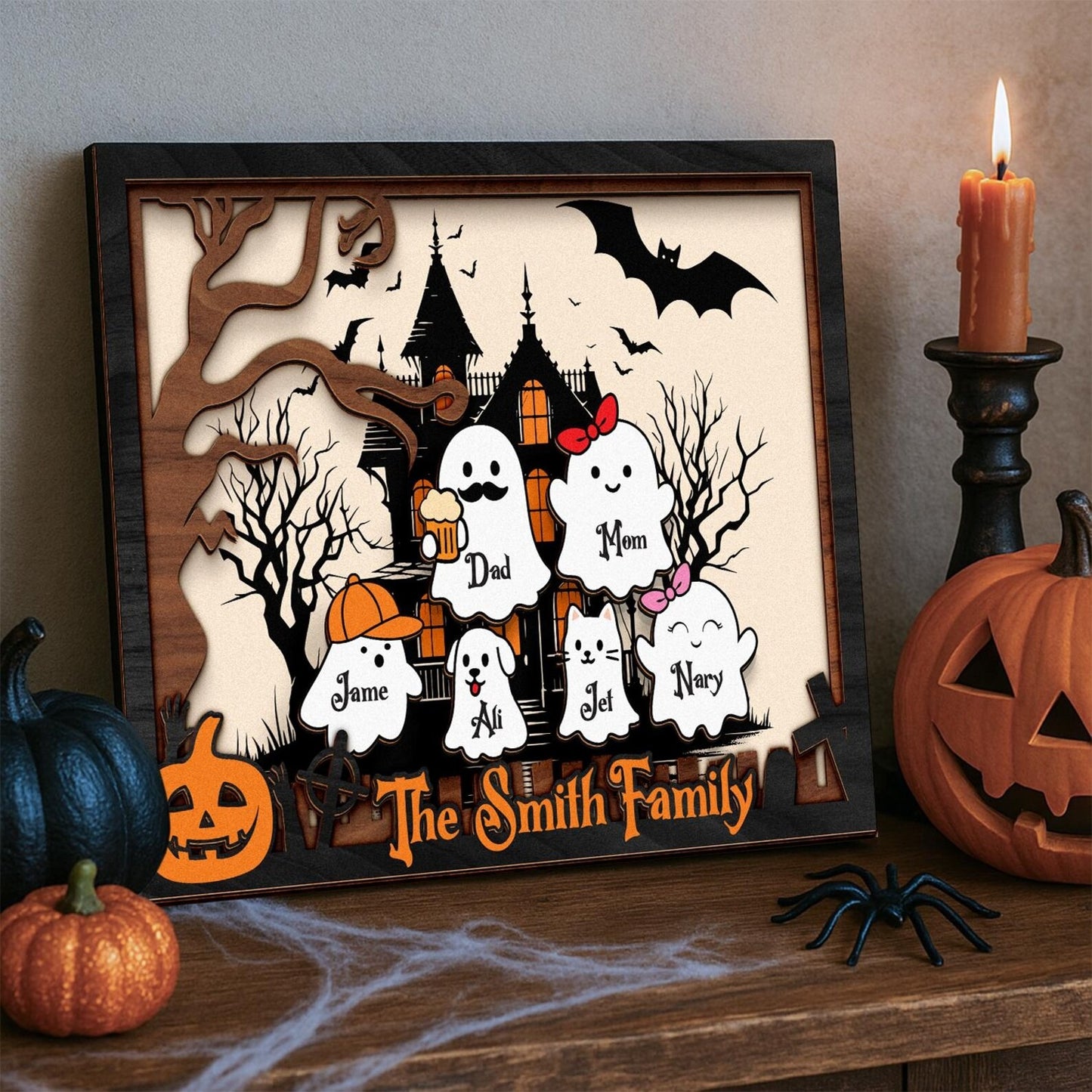 Netecom Personalized Halloween Ghost Family Wooden Frame Our Boo Crew Custom Name Sign Cute Spooky Home Decor Halloween Family Wall Art