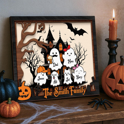 Netecom Personalized Halloween Ghost Family Wooden Frame Our Boo Crew Custom Name Sign Cute Spooky Home Decor Halloween Family Wall Art