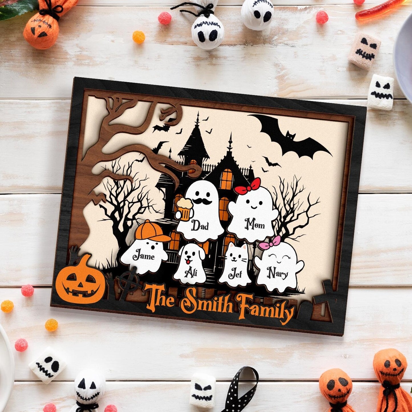 Netecom Personalized Halloween Ghost Family Wooden Frame Our Boo Crew Custom Name Sign Cute Spooky Home Decor Halloween Family Wall Art