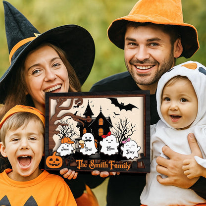Netecom Personalized Halloween Ghost Family Wooden Frame Our Boo Crew Custom Name Sign Cute Spooky Home Decor Halloween Family Wall Art
