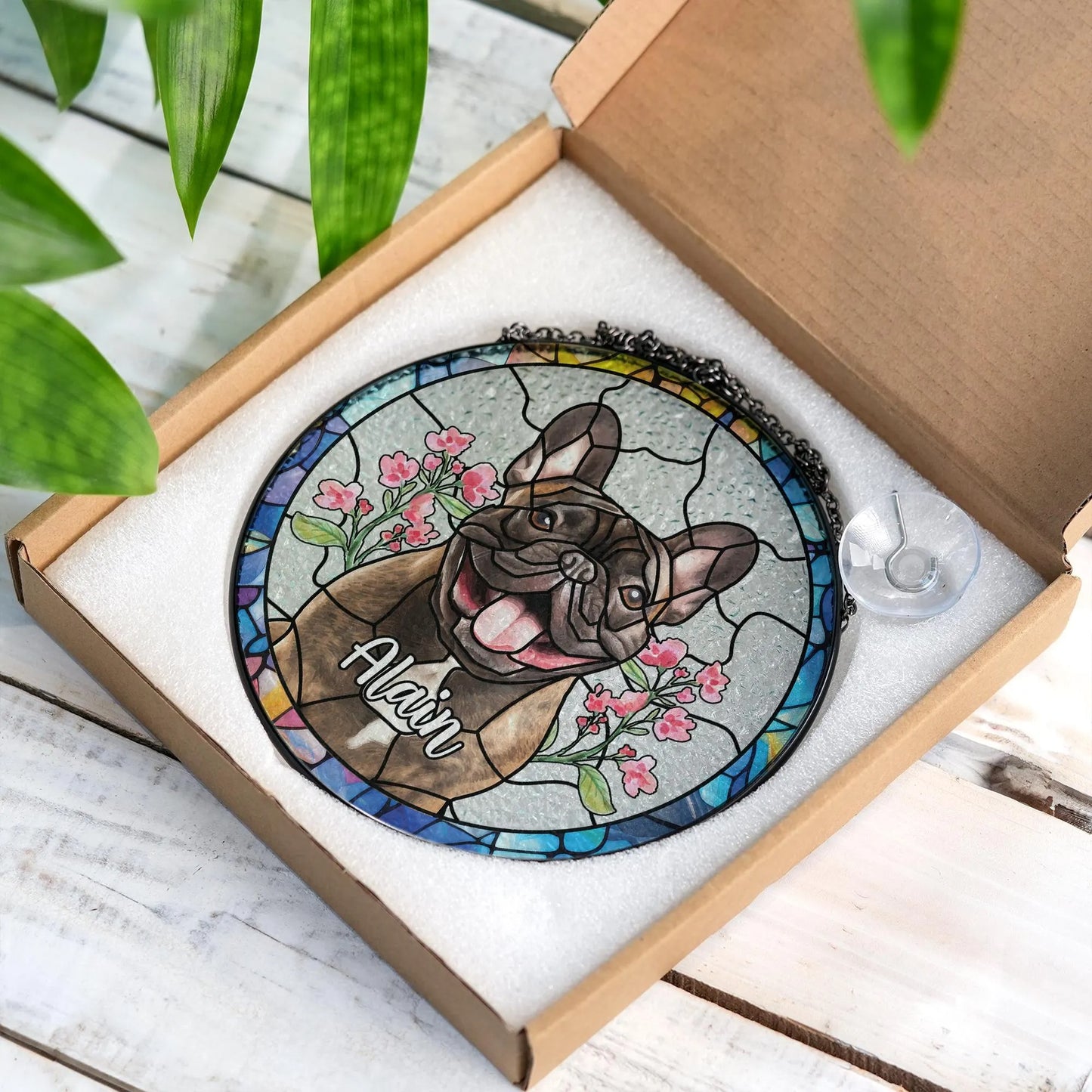 Netecom Personalized Dog Portrait Stained Glass Suncatcher – Custom Pet Memorial, Dog Loss Sympathy Gift, Rainbow Bridge Keepsake, Pet Lover Window Hanging