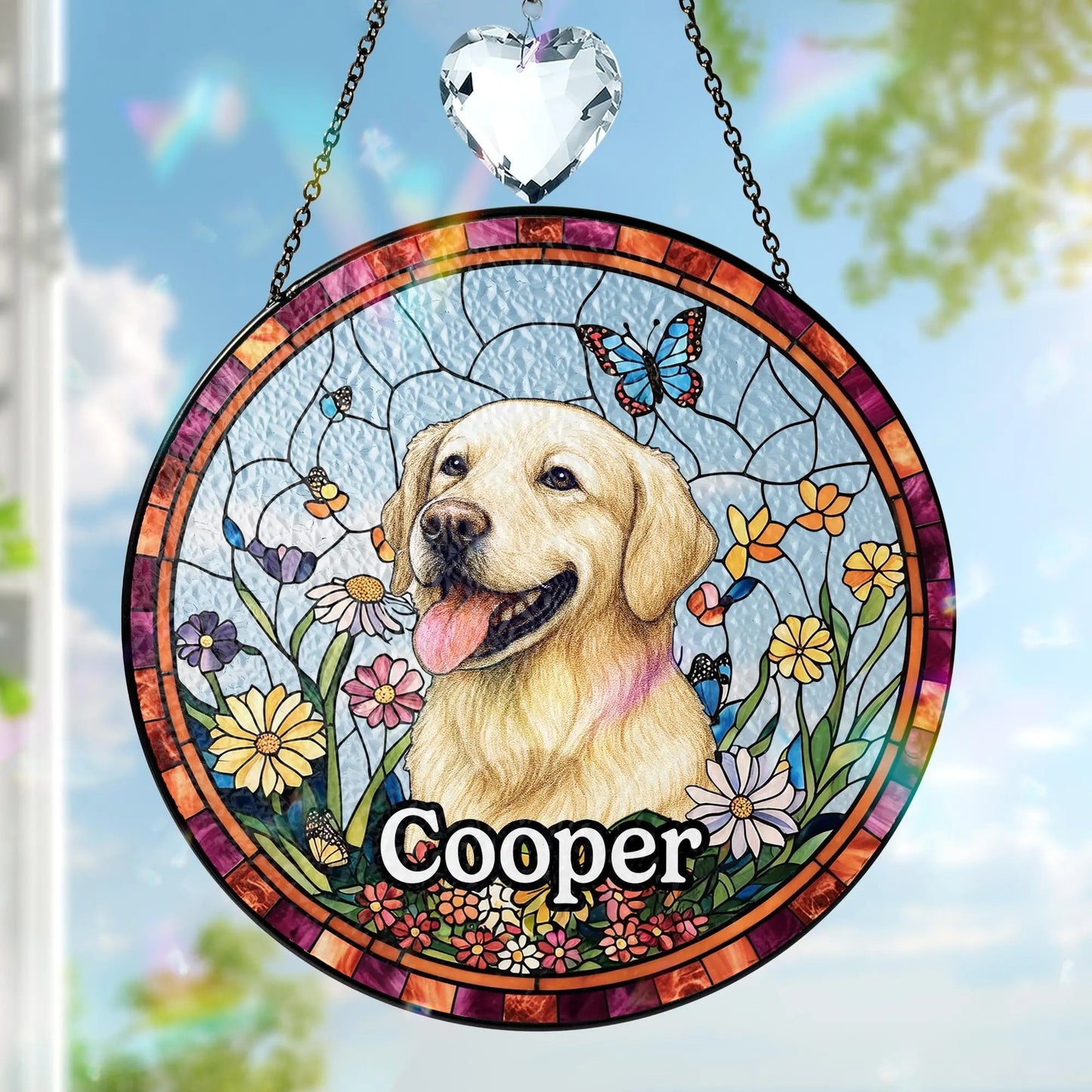 Netecom Personalized Pet Portrait Stained Glass Suncatcher – Dog Memorial Ornament, Custom Dog Portrait from Photo, Pet Memorial Gift, Window Hanging Decor