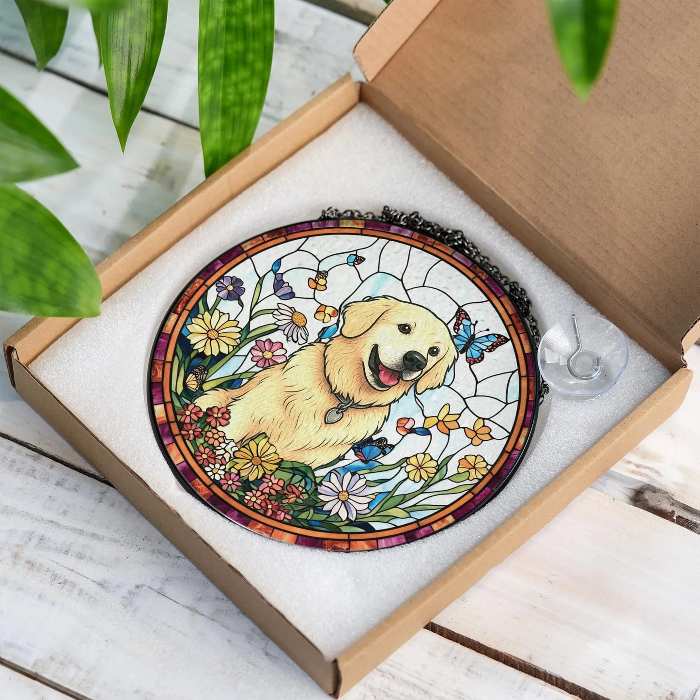 Netecom Personalized Pet Portrait Stained Glass Suncatcher – Dog Memorial Ornament, Custom Dog Portrait from Photo, Pet Memorial Gift, Window Hanging Decor