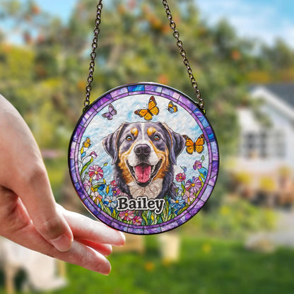 Netecom Personalized Pet Portrait Stained Glass Suncatcher – Dog Memorial Ornament, Custom Dog Portrait from Photo, Pet Memorial Gift, Window Hanging Decor