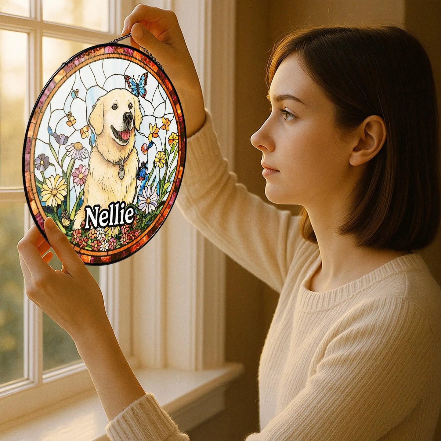 Netecom Personalized Pet Portrait Stained Glass Suncatcher – Dog Memorial Ornament, Custom Dog Portrait from Photo, Pet Memorial Gift, Window Hanging Decor