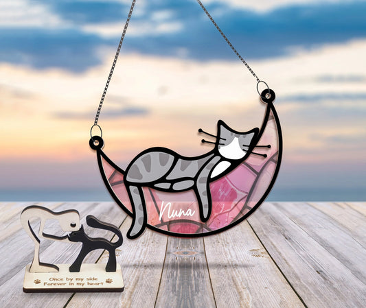Netecom Cat Memorial Gift – Sleeping Cat on Moon Suncatcher, Loss of Pet Sympathy Gift, Cat Ornament, Cat Passing Remembrance Gift
