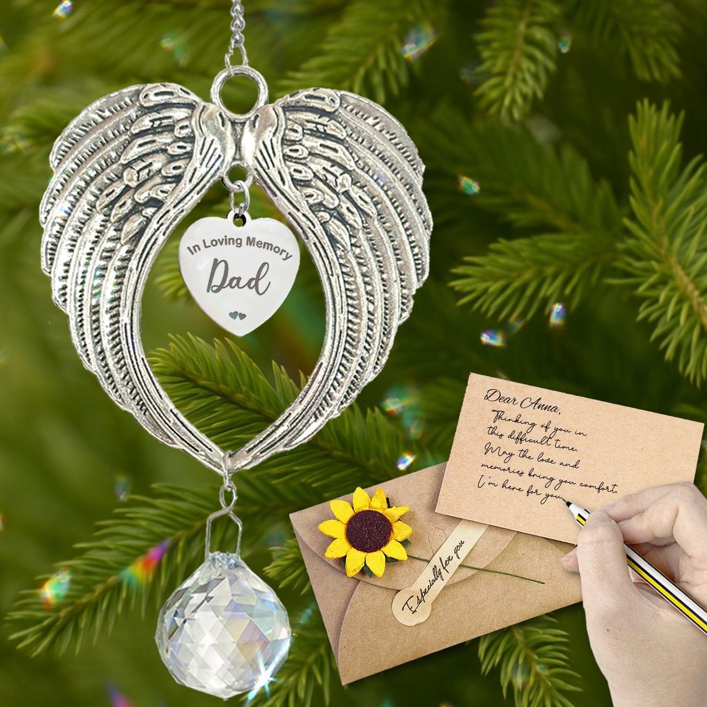 Netecom Angel Wings Memorial Ornament with Crystal Ball – In Loving Memory Dad Sympathy Gift for Christmas