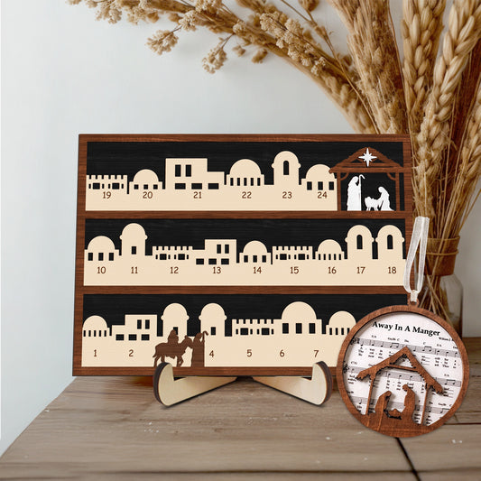 Netecom Wooden Nativity Advent Calendar , Jesus Countdown to Christmas Decor , Religious Gift Set with Music Sheet Ornament