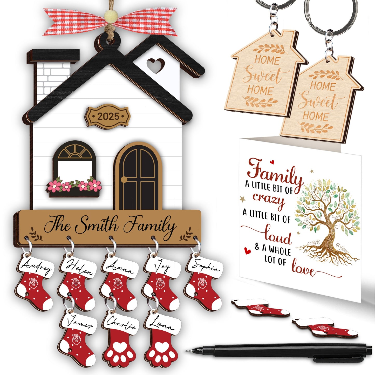Netecom Christmas Ornaments 2025, Family Stockings Ornament for Christmas – Personalized Wooden House Ornament with Names & Gift Box