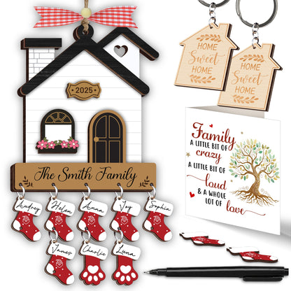 Netecom Christmas Ornaments 2025, Family Stockings Ornament for Christmas – Personalized Wooden House Ornament with Names & Gift Box