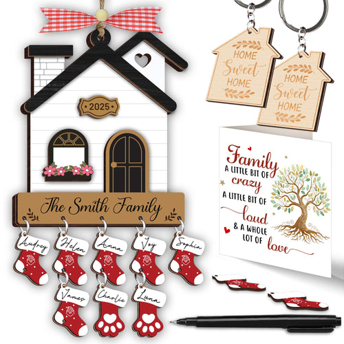 Netecom Christmas Ornaments 2025, Family Stockings Ornament for Christmas – Wooden House Ornament with Names and Gift Box