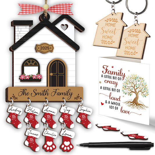 Netecom Christmas Ornaments 2025, Family Stockings Ornament for Christmas – Personalized Wooden House Ornament with Names & Gift Box