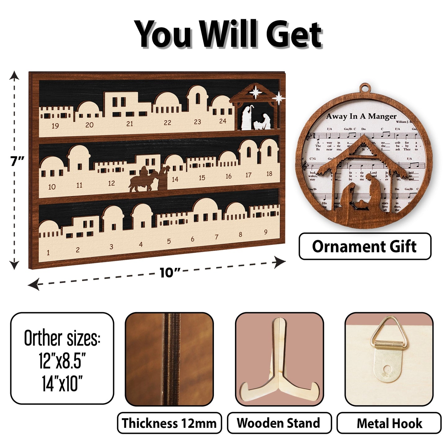 Netecom Wooden Nativity Advent Calendar , Jesus Countdown to Christmas Decor , Religious Gift Set with Music Sheet Ornament