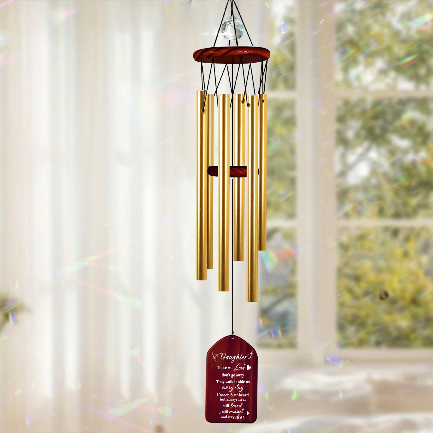 Netecom Personalized Memorial Wind Chimes for Daughter – Walnut Wooden Design with Crystal Bead and Heartfelt Message