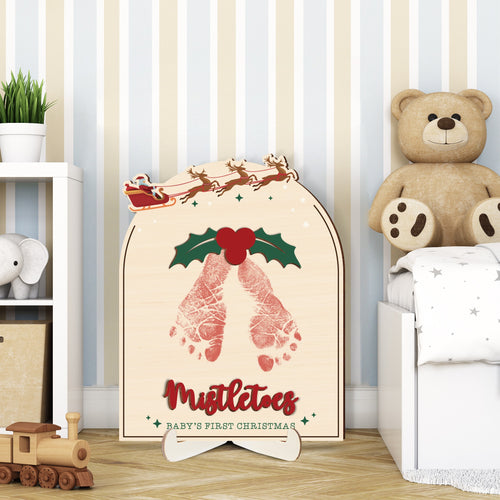 Netecom Baby Christmas Memory Sign – Mistletoes Wooden Footprint Kit with Ink Pad and Gift Box
