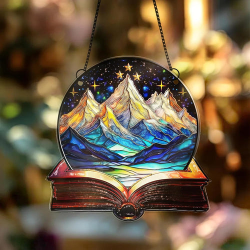 Netecom Bookaholic Acrylic Suncatcher – Mountain and Galaxy Design, Book Lover Window Ornament, Perfect Bookish Gift for Readers and Christmas Decor