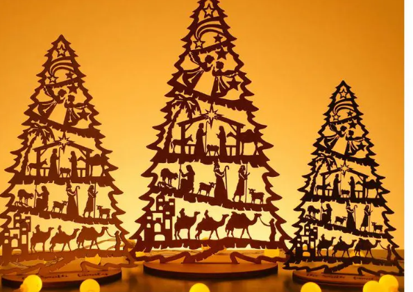 Netecom Personalized Nativity Tree with Stand – Wooden Christmas Tree Decoration with Detailed Holy Family Scene