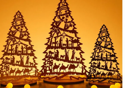 Netecom Personalized Nativity Tree with Stand – Wooden Christmas Tree Decoration with Detailed Holy Family Scene