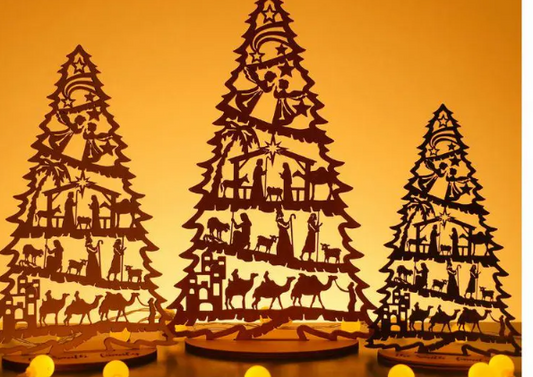 Netecom Personalized Nativity Tree with Stand – Wooden Christmas Tree Decoration with Detailed Holy Family Scene