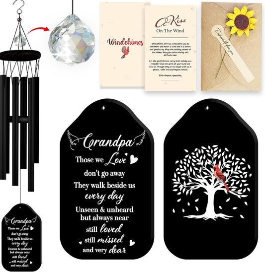 Netecom Personalized Memorial Wind Chimes for Grandpa – Black Wooden Chimes with Crystal Beads, Heartfelt Poem, and Gift Box