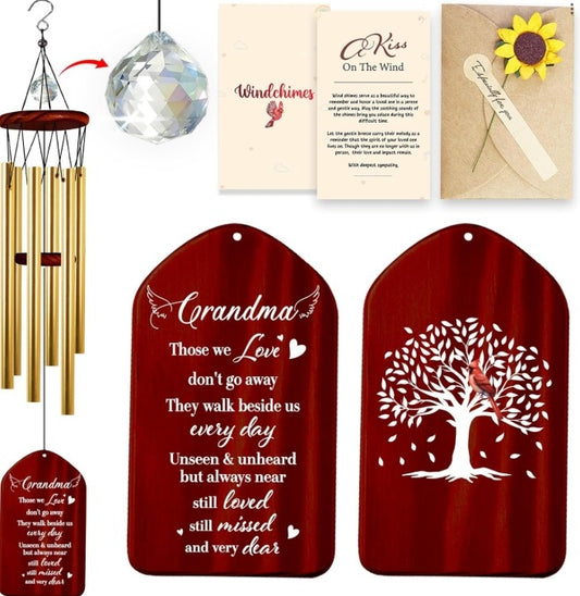 Netecom Personalized Memorial Wind Chimes for Grandma – Custom Wooden Chimes with Crystal Beads & Heartfelt Poem