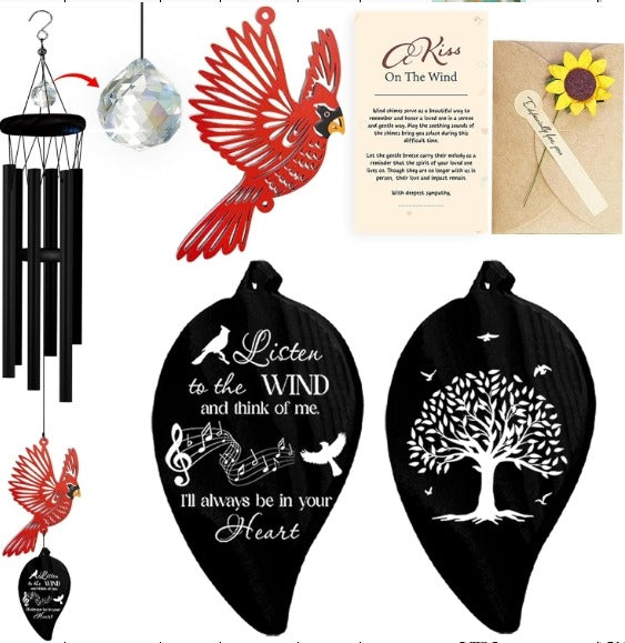 Netecom Cardinal Memorial Wind Chime – Black Leaf Design with Poem & Gift Box, Bereavement Sympathy Gift