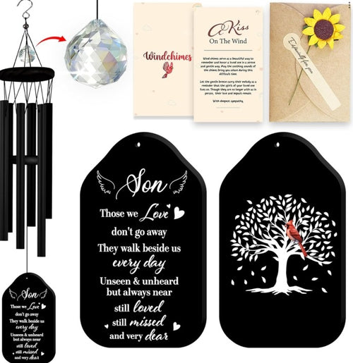 Netecom Memorial Wind Chime for Son – Those We Love Don’t Go Away Black Engraved Sympathy Gift, Grief Support and Memorial Decor