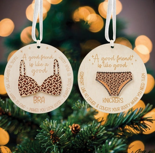 Netecom Funny Best Friend Christmas Ornament Set , A Good Friend is Like Good Bra Quote , Novelty Bestie Gift Set, 2 Ps