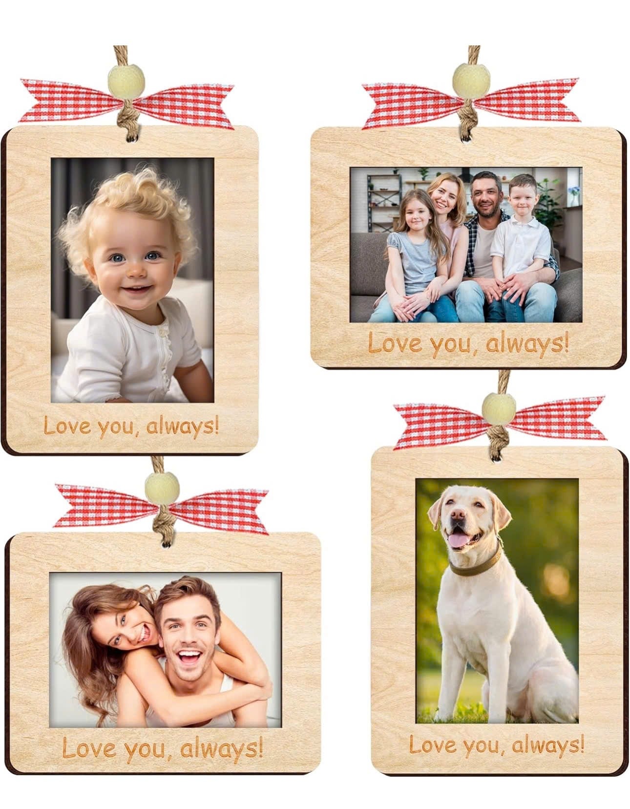 Netecom Christmas Wooden Photo Ornaments – 4PCS Love You Always Picture Frames with Bow & Magnet Gift Set