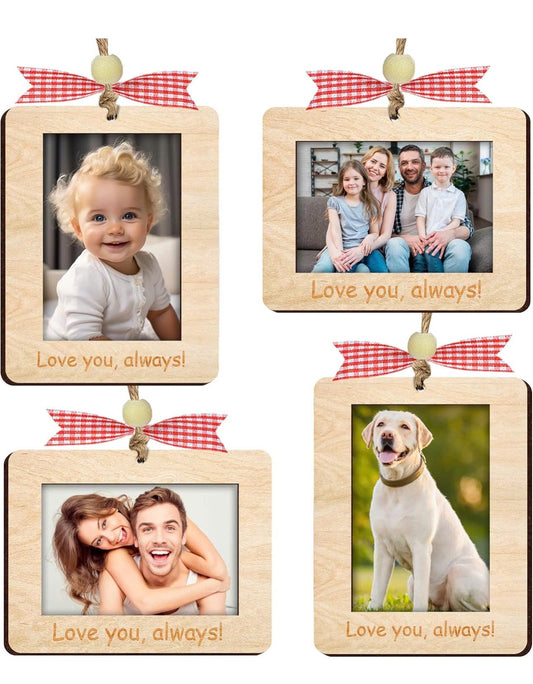 Netecom Christmas Wooden Photo Ornaments – 4PCS Love You Always Picture Frames with Bow & Magnet Gift Set