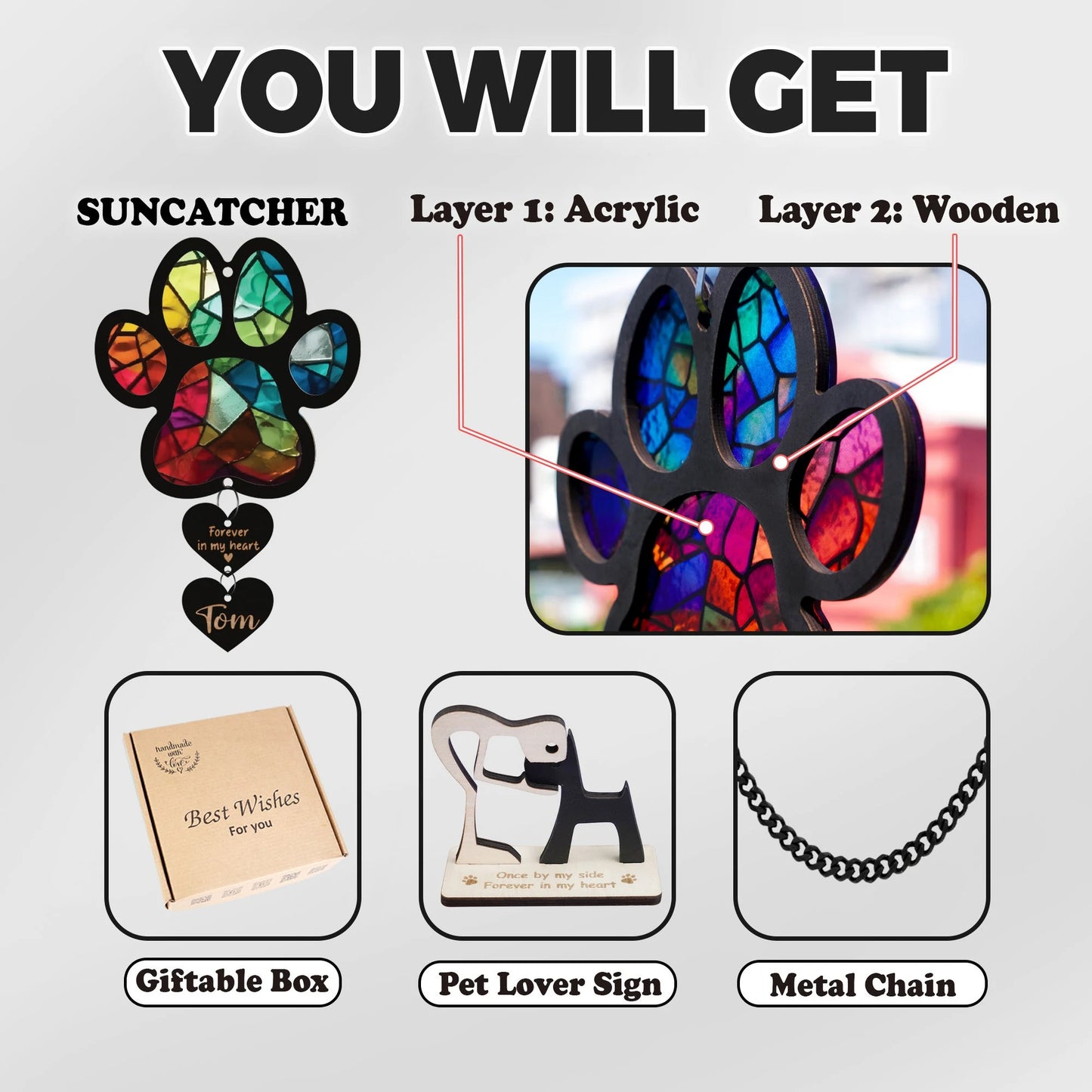 Netecom Rainbow Bridge Pet Paw Suncatcher – Dog Loss Sympathy Gift, Dog Memorial Ornament, Cat & Dog Remembrance Window Hanging, Car Accessory