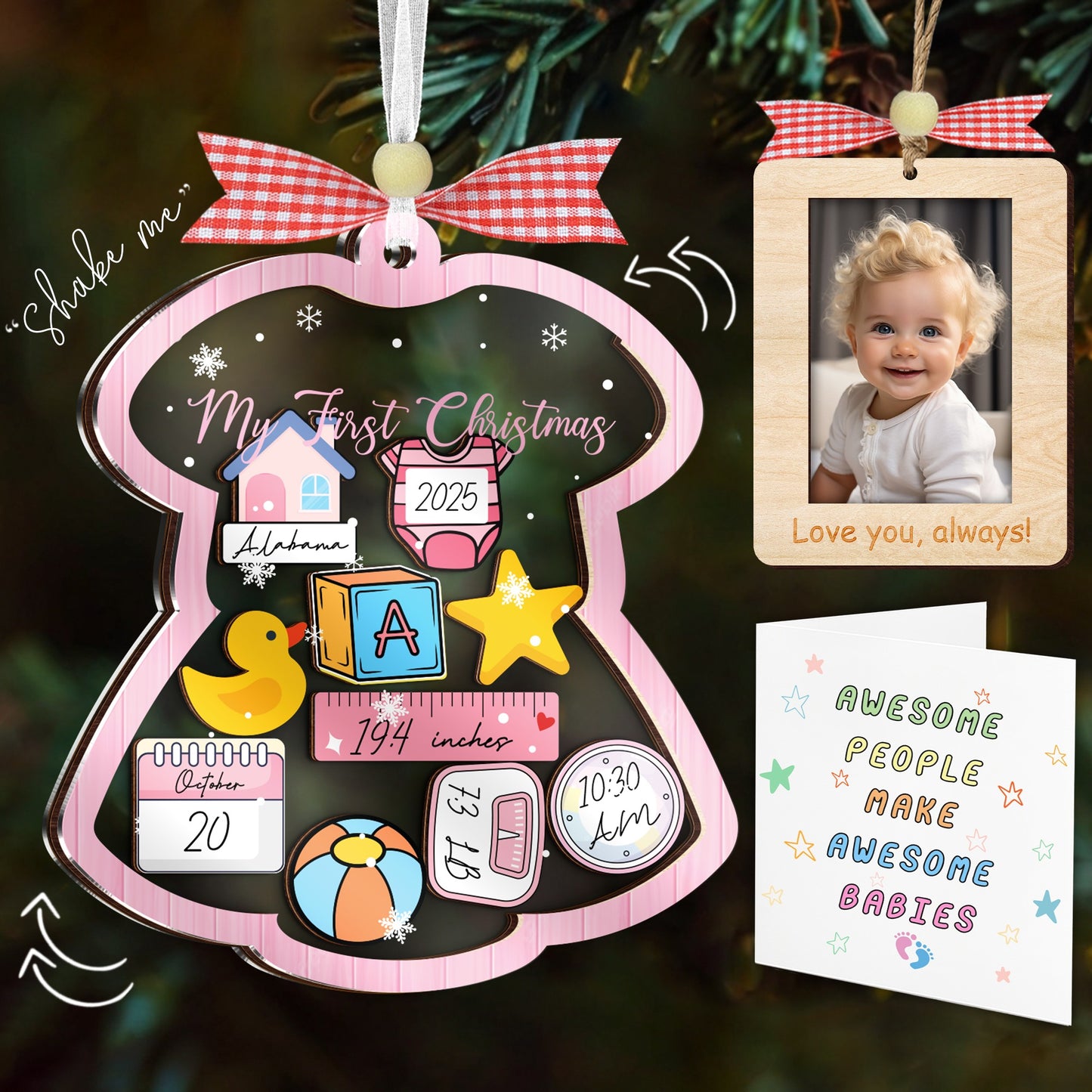 Netecom Baby's First Christmas Shaker Ornament  Personalized Birth Stats Girl Gift Set with Photo Frame & DIY Name Pen