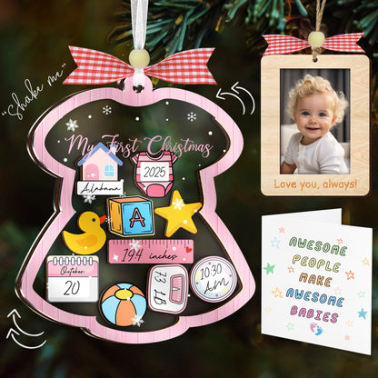 Netecom Baby's First Christmas Shaker Ornament  Personalized Birth Stats Girl Gift Set with Photo Frame & DIY Name Pen