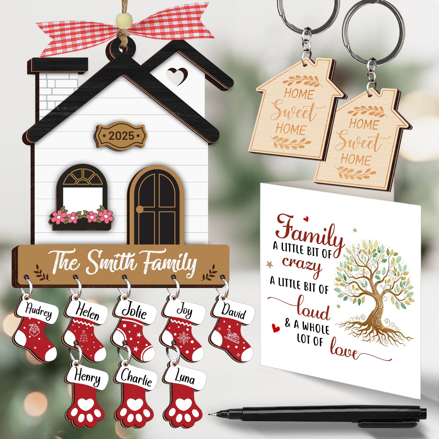 Netecom Christmas Ornaments 2025, Family Stockings Ornament for Christmas – Personalized Wooden House Ornament with Names & Gift Box