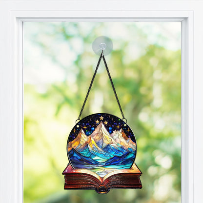 Netecom Acrylic Suncatcher “Bookaholic” – Mountain & Galaxy Design, Perfect Gift for Readers and Christmas Décor