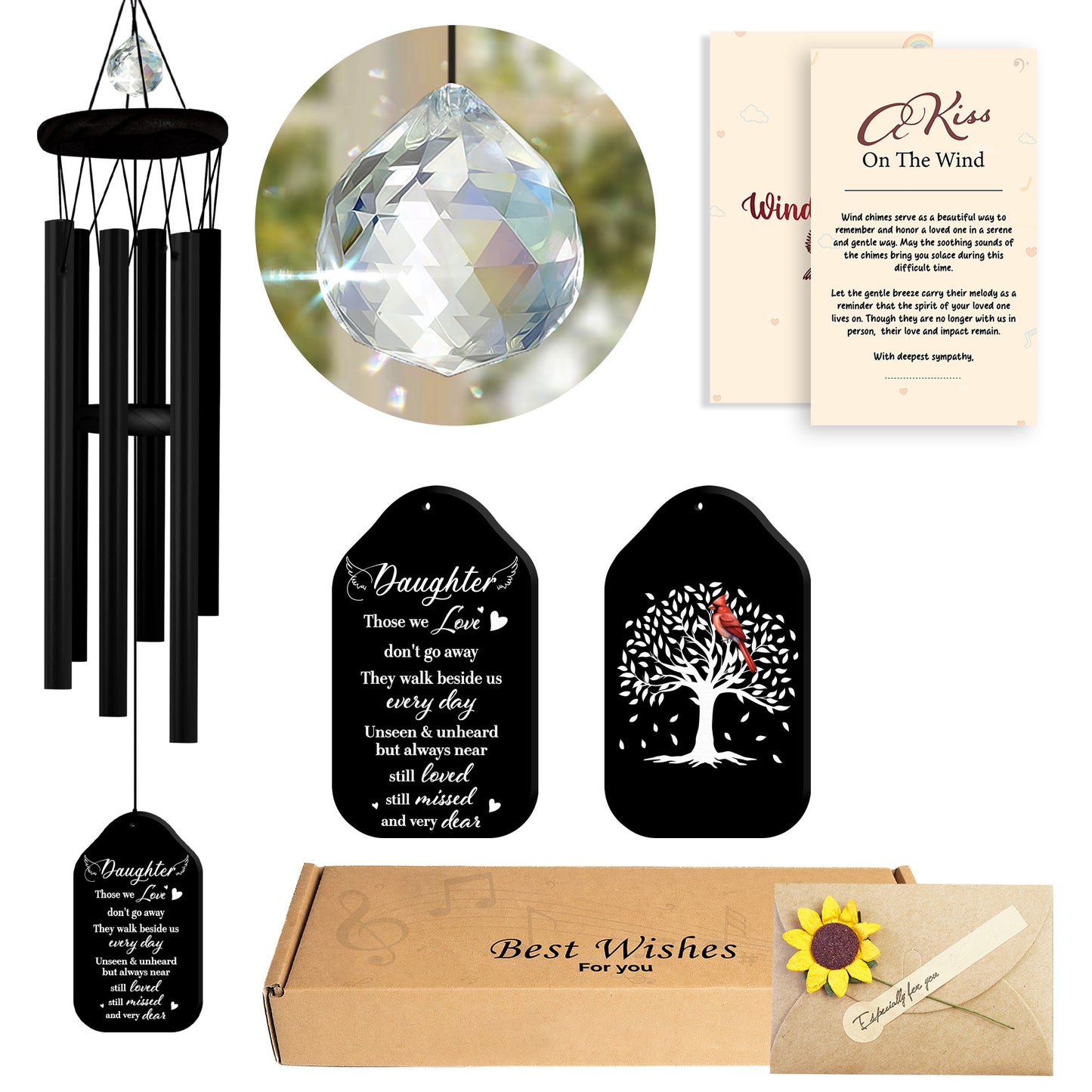 Netecom Personalized Sympathy Wind Chimes for Daughter – Walnut Wooden Memorial Gift with Tree of Life & Crystal Beads