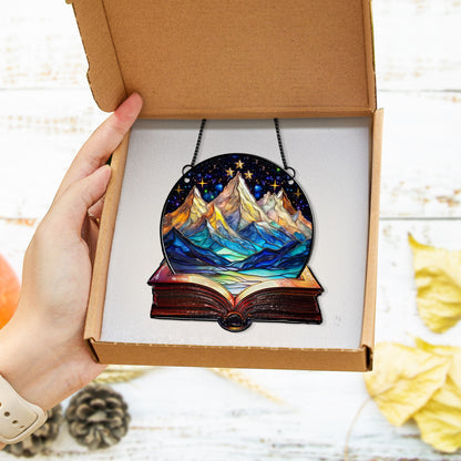 Netecom Bookaholic Acrylic Suncatcher – Mountain & Galaxy Design, Book Lover Christmas Ornament Gift