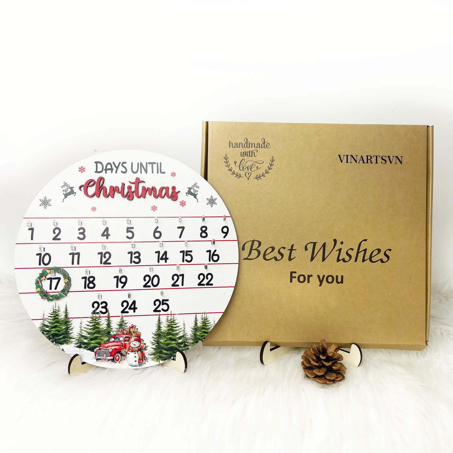 Netecom Handmade Round Countdown Sign – “Days Until Christmas” Wooden Wall Hanging Decoration