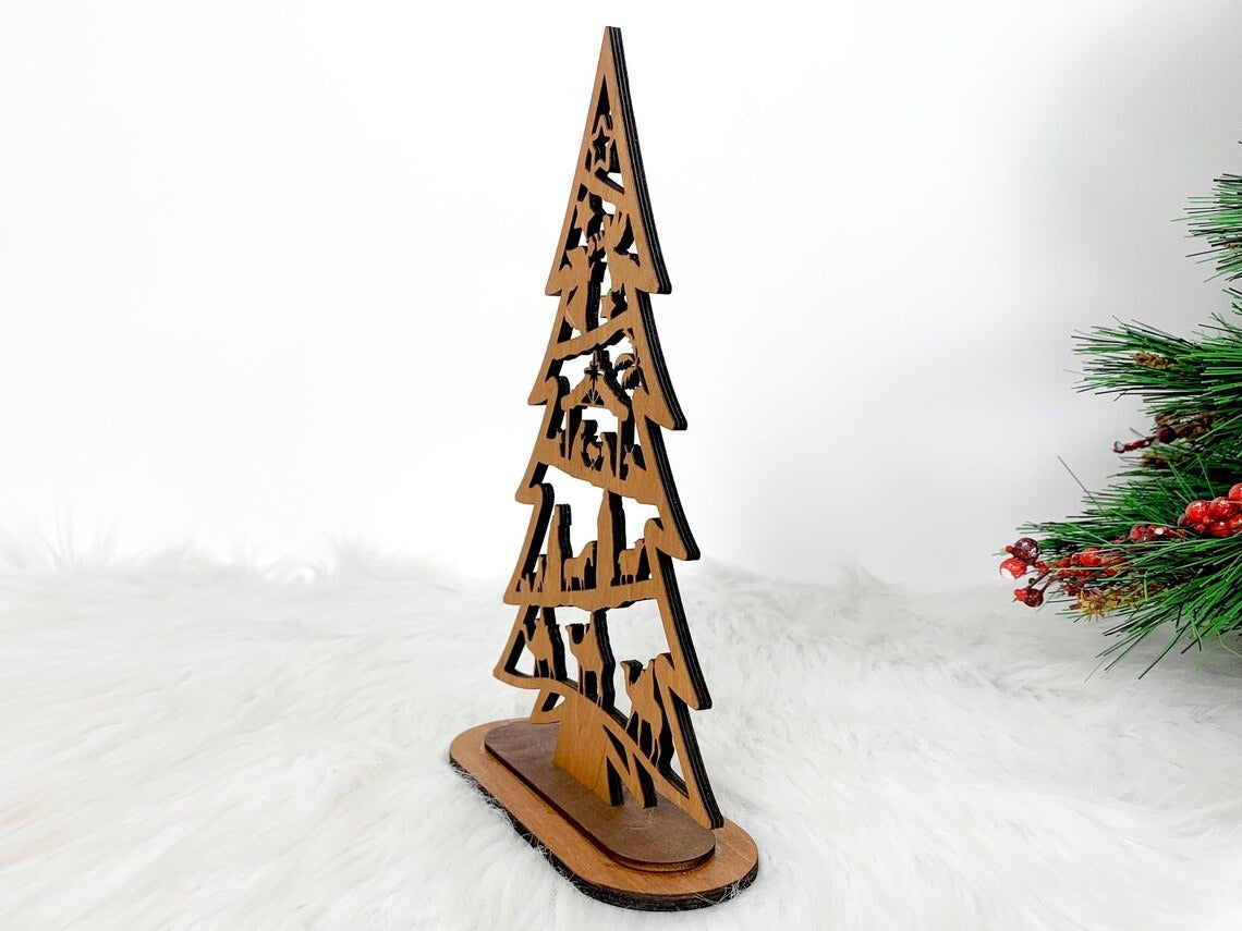 Netecom Personalized Nativity Tree with Stand – Wooden Christmas Tree Decoration with Detailed Holy Family Scene