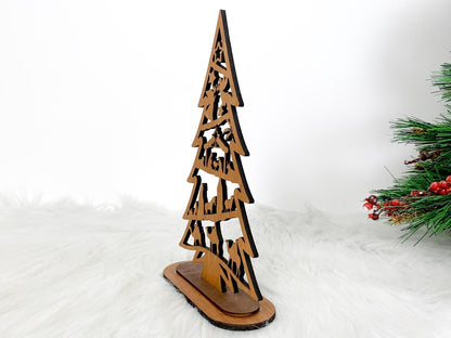 Netecom Personalized Nativity Tree with Stand – Wooden Christmas Tree Decoration with Detailed Holy Family Scene