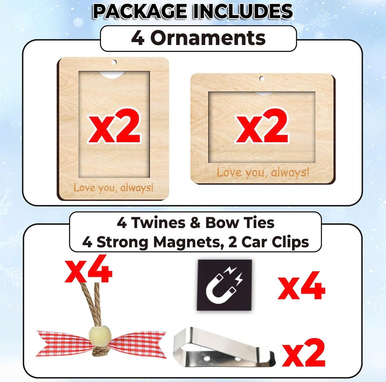 Netecom Christmas Wooden Photo Ornaments – 4PCS Love You Always Picture Frames with Bow & Magnet Gift Set
