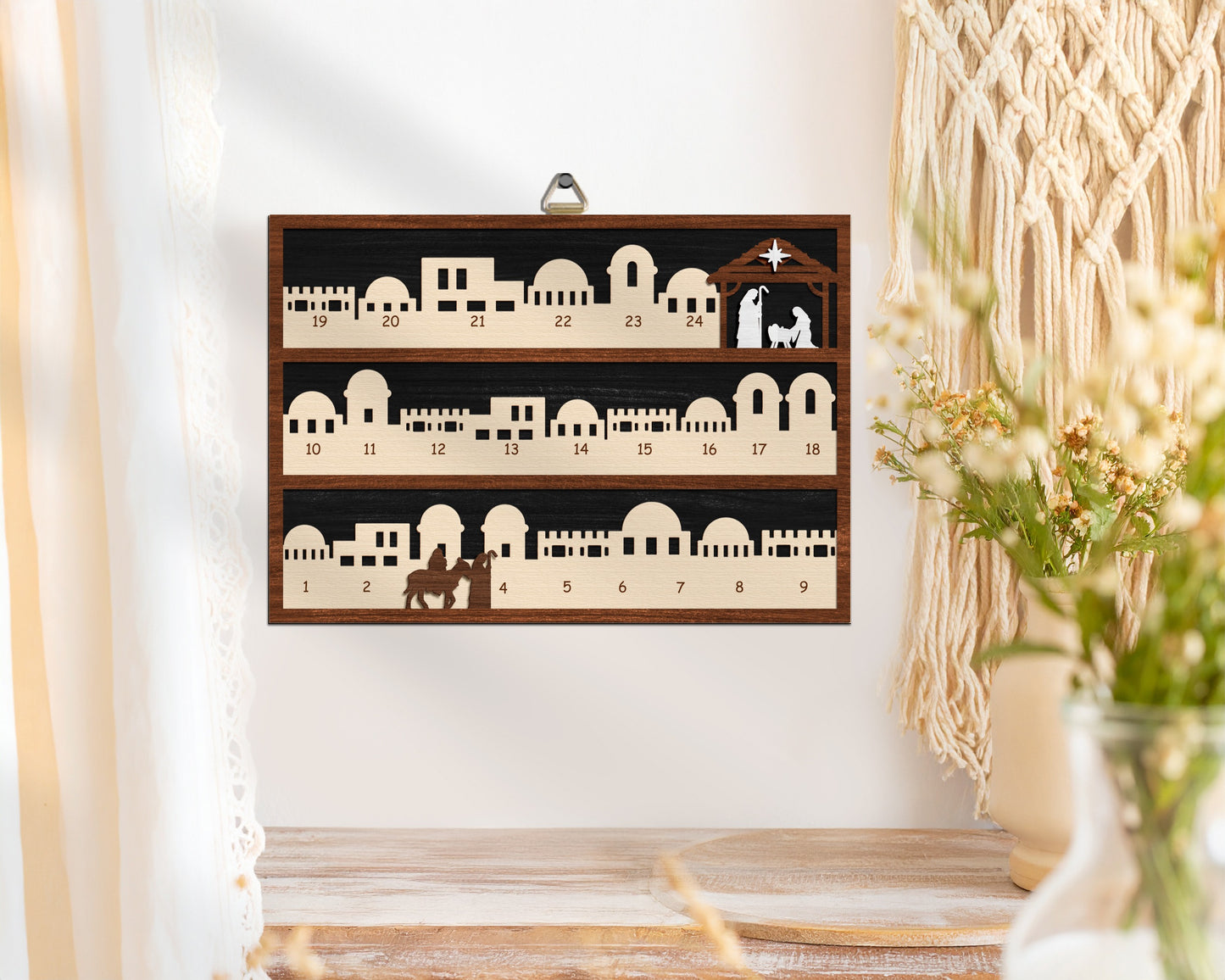 Netecom Wooden Nativity Advent Calendar , Jesus Countdown to Christmas Decor , Religious Gift Set with Music Sheet Ornament