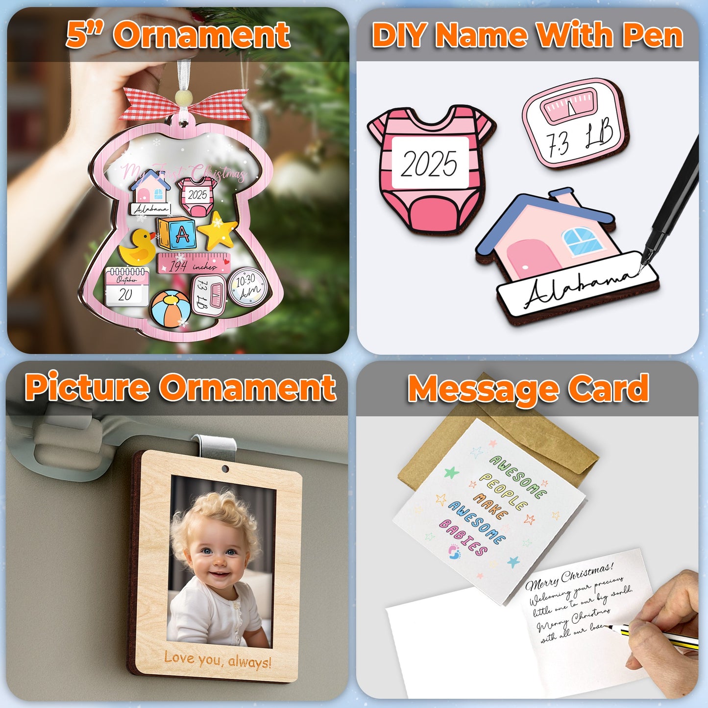 Netecom Baby's First Christmas Shaker Ornament  Personalized Birth Stats Girl Gift Set with Photo Frame & DIY Name Pen